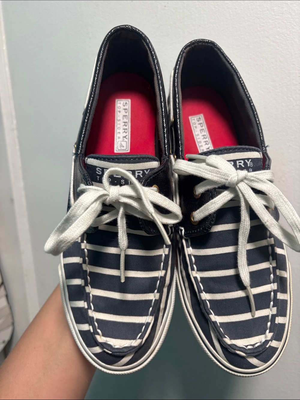 Sperry Navy and White Striped Lace-Up Sneakers with Red Insoles